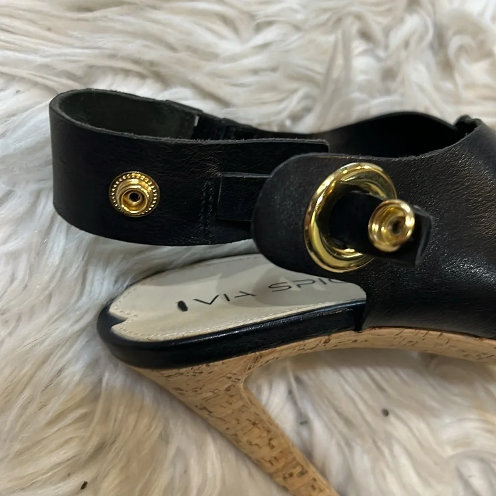 Via Spiga Black Leather Open Toe Cork Heel Onitta Sandals Women’s Size 6.5 - Picture 10 of 10